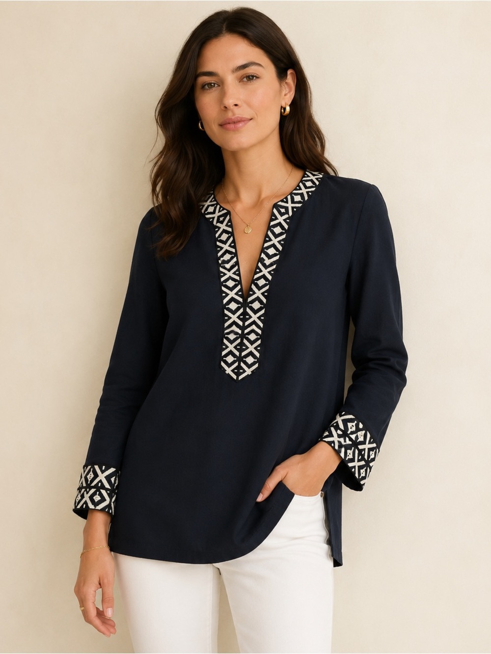 Tory Burch Tunic with Taping Navy Geometric Trim NWT Size 6